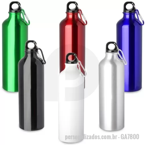 Garrafa de metal personalizada - Garrafa em alumínio com capacidade de 750ml. Tampa de plástico rosqueável com mosquetão colorido. Pintura metálica.