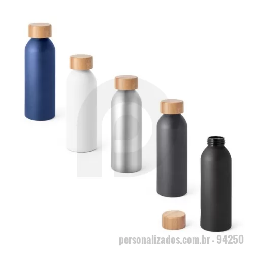 Garrafa de metal personalizada - Squeeze em alumínio com acabamento mate e tampa em bambu. Capacidade até 550 mL. Caixa branca 94656 vendida opcionalmente. Certificação EU Food Grade. A cor e o resultado da impressão nos materiais naturais pode variar entre produtos. ø65 x 197 mm