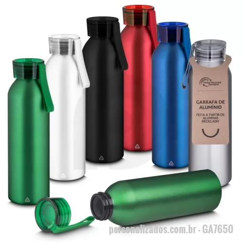 Garrafa de metal personalizada - Garrafa em alumínio reciclável com capacidade 600ml. Tampa rosqueável em plástico e alça de transporte emborrachada.