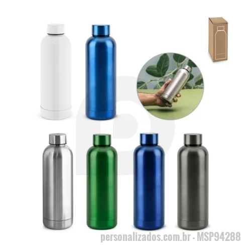 Garrafa de metal personalizada - Garrafa em aço inox (90% reciclado) de parede dupla térmica, isolada a vácuo. Garrafa com acabamento em mate metálico. Capacidade até 550 mL. Fornecido em caixa presente de papel kraft. Certificação EU Food Grade. ø73 x 222 mm