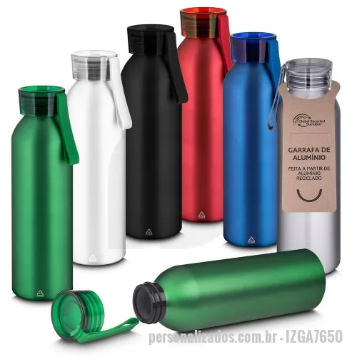 Garrafa de metal personalizada - Garrafa em alumínio reciclado acabamento mate com capacidade 600ml. Tampa rosqueável em plástico e alça de transporte emborrachada.