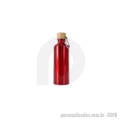 Garrafa de metal personalizada - Garrafa de alumínio com capacidade de 500ml. Possui tampa de bambu e acompanha mosquetão de alumínio.