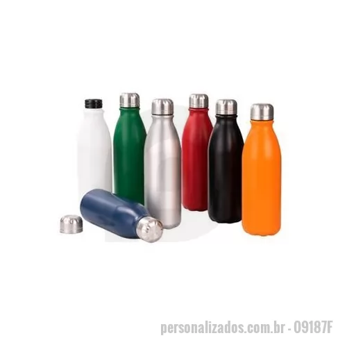 Garrafa de metal personalizada - Garrafa em alumínio com acabamento em verniz fosco, revestimento plástico no bocal e capacidade para até 750 ml. Possui tampa rosqueável em alumínio com interior em plástico. Altura : 25,1 cm Largura : 7,3 cm Diâmetro : 3,5 cm Peso aproximado g : 108
