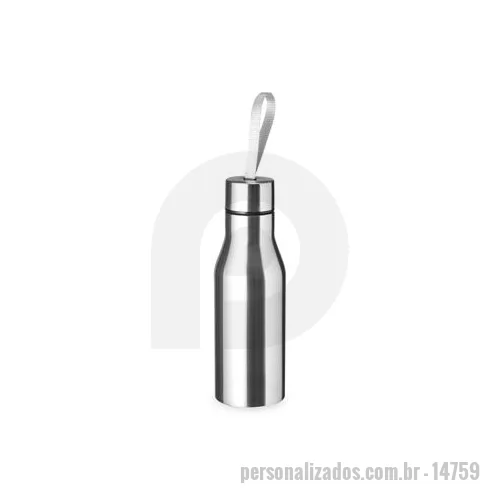 Garrafa de metal personalizada - Garrafa de Inox 500 ml com tampa rosqueável e alça de nylon embutida. Altura : 21,8 cm Largura : 6,8 cm Circunferência : 22 cm Peso aproximado g : 154