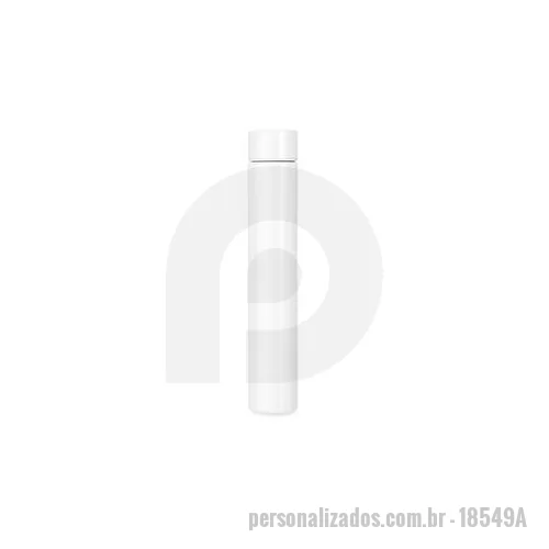 Garrafa de metal personalizada - Garrafa em inox 304 com tampa rosqueável e capacidade para até 250 ml. Altura : 25,6 cm Largura : 4,6 cm Tamanho total aproximado CxL : Diâmetro: 3,5 cm Peso aproximado g : 181