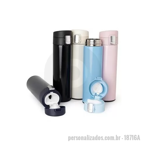 Garrafa de metal personalizada - Garrafa inox 304 com capacidade de 400ml, tampa com botão de acionamento e trava de segurança.