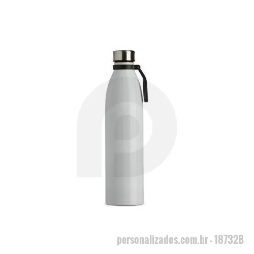 Garrafa de metal personalizada - Garrafa de inox 1,1 litros com tampa rosqueável e alça plástica para transporte. Altura : 30,5 cm Largura : 7,8 cm Circunferência : 24,4 cm Peso aproximado g : 214