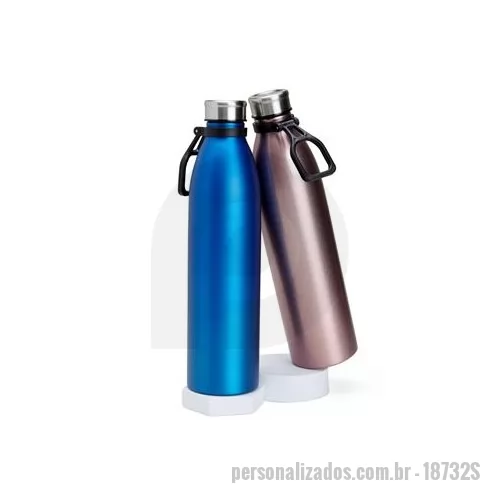Garrafa de metal personalizada - Garrafa de inox com acabamento metalizado, capacidade de 1,1 litros. Tampa rosqueável e alça plástica para transporte. Altura : 30,5 cm Largura : 7,8 cm Circunferência : 24,4 cm Peso aproximado g : 214