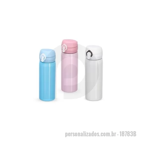 Garrafa de metal personalizada - Garrafa 500 ml em inox com botão e válvula para abertura. Possui um sistema de trava basta mover para cima/baixo para abrir/fechar pressione o botão central para abrir a tampa. Altura : 19,8 cm Largura : 6,4 cm Circunferência : 20,3 cm Peso aproximad