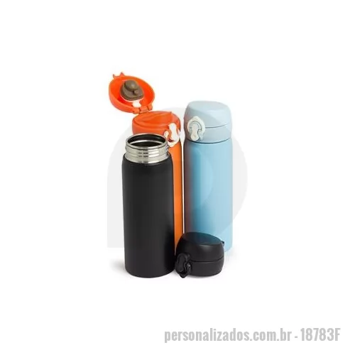 Garrafa de metal personalizada - Garrafa 500 ml em inox com botão e válvula para abertura. Possui um sistema de trava basta mover para cima/baixo para abrir/fechar pressione o botão central para abrir a tampa. Altura : 19,8 cm Largura : 6,4 cm Circunferência : 20,3 cm Peso aproximad