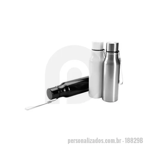 Garrafa de metal personalizada - Garrafa inox com capacidade de 750 ml. Contém tampa rosqueável com alça para transporte. Altura : 25 cm Largura : 7 cm Circunferência : 22,1 cm Tamanho total aproximado CxL : Diâmetro bocal: 3,7 cm Peso aproximado g : 169