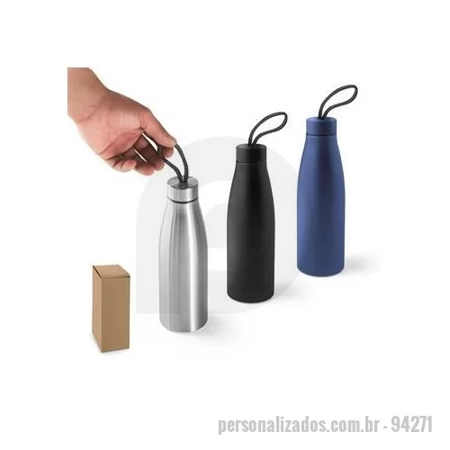 Garrafa de metal personalizada - Squeeze em aço inox 90% reciclado , de parede simples. Tampa em aço inox com pega num padrão suave, para fácil transporte. Capacidade até 710 ml. Fornecida em caixa presente kraft. Certificação EU Food Grade. ø70 x 232 mm