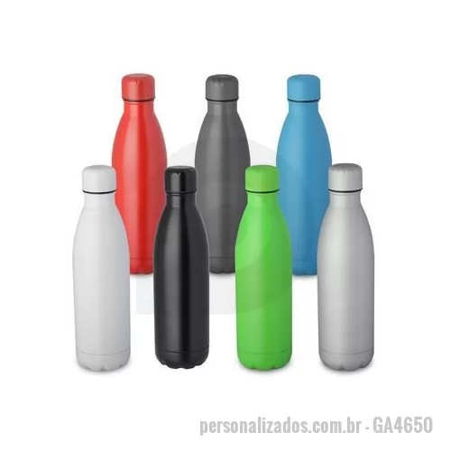 Garrafa de metal personalizada - Garrafa fosca em aço inox com capacidade de até 750 ml. Tampa rosqueável e anel de silicone para vedação. Design com frisos na tampa.