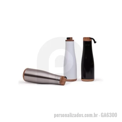 Garrafa de metal personalizada - Garrafa em aço inox capacidade 750 ml. Tampa rosqueável anel vedador de silicone, alça retrátil em borracha embutida na tampa. Textura imitando madeira.
