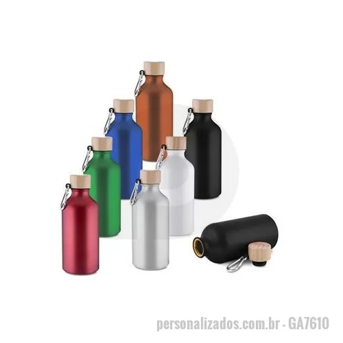 Garrafa de metal personalizada - Garrafa em alumínio com capacidade para até 550 ml. Possui tampa rosqueável em bambu e mosquetão metálico acoplado à tampa para transporte. Altura : 18,6 cm Largura : 7,3 cm Circunferência : 23 cm Peso aproximado g : 84