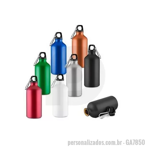 Garrafa de metal personalizada - Garrafa em alumínio com capacidade para até 550 ml. Conta com tampa rosqueável em plástico e mosquetão metálico acoplado à tampa para transporte. Altura : 19,1 cm Largura : 7,3 cm Circunferência : 23 cm Peso aproximado g : 76