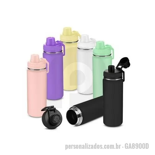 Garrafa de metal personalizada - Garrafa térmica em aço inox com parede dupla com capacidade de até 570 ml. Tampa rosqueável, mosquetão em plástico e anel de silicone para vedação. Design com frisos na tampa e pintura pó. Dimensão Produto: 23xø7,3cm Peso do Produto: 0,309kg