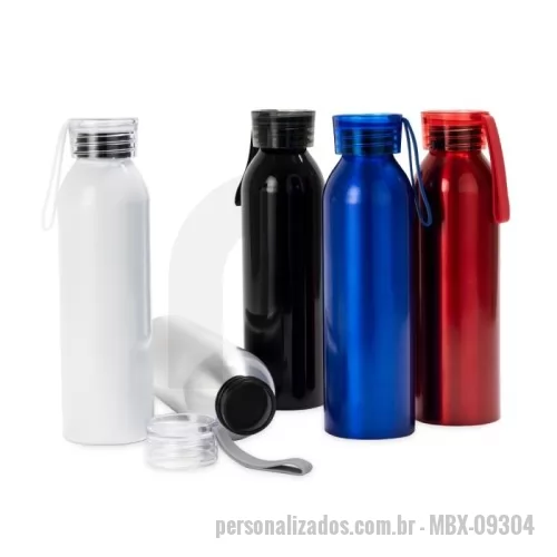 Garrafa de metal personalizada - Garrafa em alumínio com capacidade máxima de 650ml. Possui pintura spray e revestimento em plástico polipropileno (PP) no bocal. Conta com tampa em plástico poliestireno (PS) com anel de vedação interno e alça de mão feitos em silicone.  Altura :  22,8 cm  Largura :  6,9 cm  Circunferência :  20,6 cm