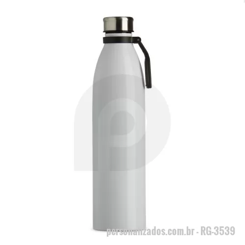 Garrafa de metal personalizada - Garrafa de inox 1,1 litros com tampa rosqueável e alça plástica para transporte.