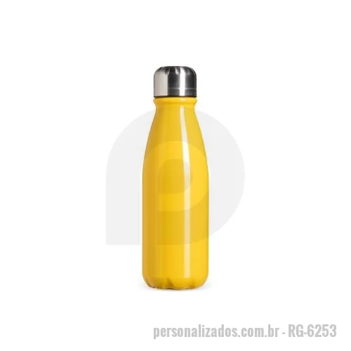 Garrafa de metal personalizada - Garrafa em alumínio com capacidade máxima de 550ml. Possui acabamento em verniz transparente e tampa rosqueável em alumínio com interior em plástico.