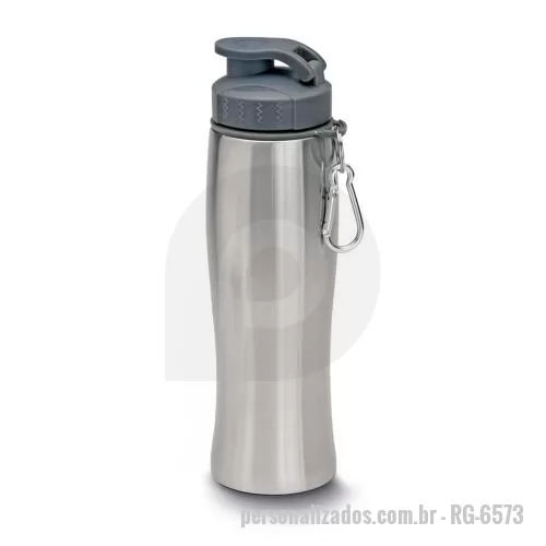 Garrafa de metal personalizada - Garrafa de aço inox com capacidade de até 750 ml. Tampa rosqueável com anel de silicone. Bico com tampa para melhor segurança. Possui alça em formato de mosquetão.