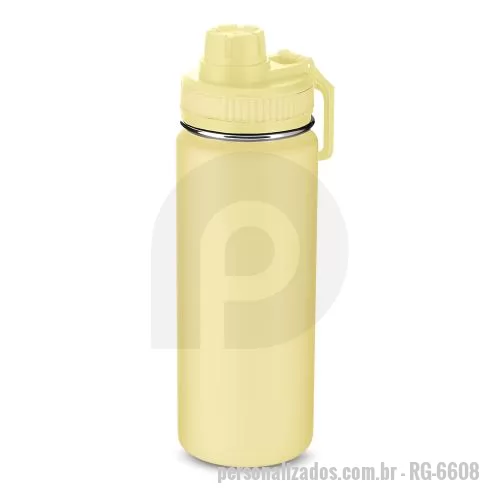 Garrafa de metal personalizada - Garrafa em aço inox com capacidade de até 780 ml. Tampa rosqueável com anel de silicone, alça plástica em formato de mosquetão e bico rosqueável para fácil acesso. Design com frisos na tampa e pintura pó.