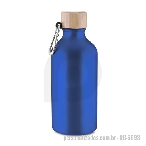 Garrafa de metal personalizada - Garrafa de 550?ml em alumínio reciclado com acabamento fosco, exceto na cor branca, tampa rosqueável em bambu e mosquetão na tampa. Cor branca com acabamento brilhoso.