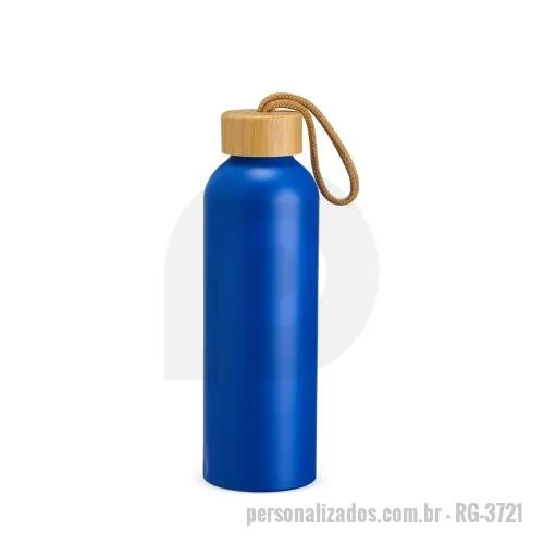 Garrafa de metal personalizada - Garrafa em alumínio com capacidade máxima de 800ml. Possui pintura em spray de acabamento fosco, tampa rosqueável em bambu com interior em plástico e alça fixa em algodão.