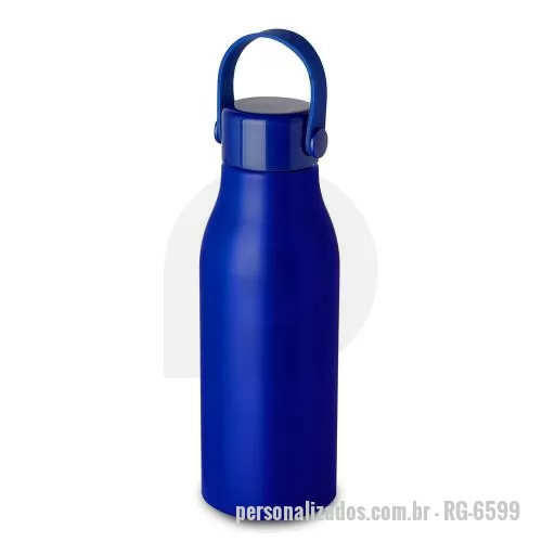 Garrafa de metal personalizada - Garrafa em alumínio com capacidade de 650ml. Tampa rosqueável em plástico com alça em silicone na cor do produto. Pintura fosca, exeto a cor prata, que possui acabamento brilhoso.