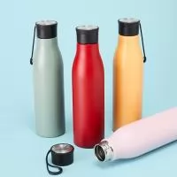  Garrafa inox 800ml com pintura colorida. Possui tampa rosqueável com alça para transporte.