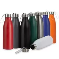 Garrafa de inox 750ml com tampa rosqueável e alça de nylon embutida.