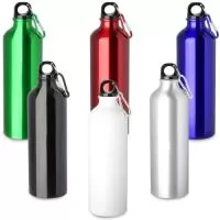Garrafa em alumínio com capacidade de 750ml. Tampa de plástico rosqueável com mosquetão colorido. Pintura metálica.