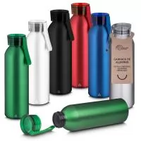 Garrafa em alumínio reciclado acabamento mate com capacidade 600ml. Tampa rosqueável em plástico e alça de transporte emborrachada.