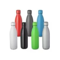 Garrafa fosca em aço inox com capacidade de até 750 ml. Tampa rosqueável e anel de silicone para vedação. Design com frisos na tampa.