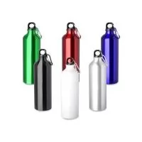 Garrafa em alumínio, tampa de plástico com mosquetão colorido. Capacidade de 750ml, com pintura metálica.