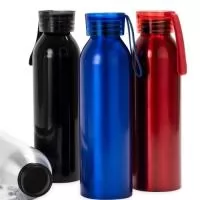 Garrafa em alumínio com capacidade máxima de 650ml. Possui pintura spray e revestimento em plástico polipropileno (PP) no bocal. Conta com tampa em plástico poliestireno (PS) com anel de vedação interno e alça de mão feitos em silicone.
