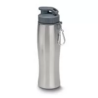 Garrafa de aço inox com capacidade de até 750 ml. Tampa rosqueável com anel de silicone. Bico com tampa para melhor segurança. Possui alça em formato de mosquetão.