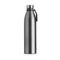 Garrafa de inox 1,1 litros com tampa rosqueável e alça plástica para transporte.
