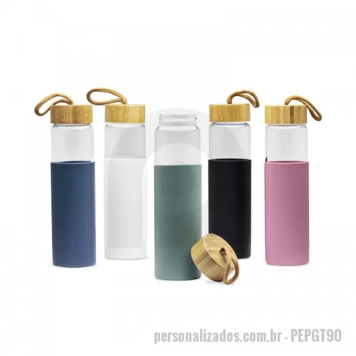 Garrafa personalizada - Garrafa de vidro com capacidade de até 750ml. Produzida em vidro borossilicato. Contém também uma tampa de bambu com alça de algodão facilitando o transporte e luva de silicone.
