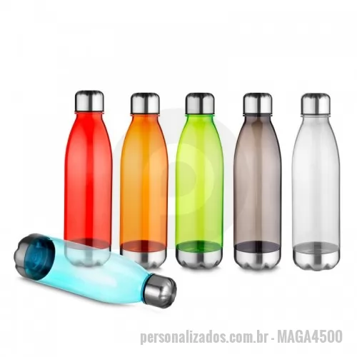 Garrafa personalizada - Garrafa plástica com capacidade de até 700 ml. Tampa rosqueável com anel de silicone para vedação, base em metal. Plástico Utilizado PC (Policarbonato)