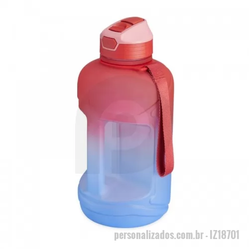 Garrafa personalizada - Garrafa PETG 2,2 litros com bico flip de silicone. Livre de BPA, a garrafa contém tampa com botão de acionamento para o bico com capa protetora, canudo acoplado e alça para transporte