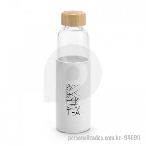 Garrafa personalizada - Squeeze em vidro borossilicato e com tampa em bambu. Revestido com luva em silicone. Capacidade até 600 mL. Certificação EU Food Grade. Fornecido em caixa. ø68 x 231 mm