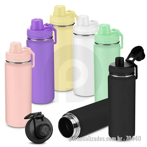 Garrafa personalizada - Garrafa em aço inox com capacidade de até 780 ml. Tampa rosqueável, mosquetão em plástico e anel de silicone para vedação. Design com frisos na tampa e pintura pó.