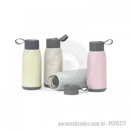 Garrafa personalizada - Garrafa personalizada com capacidade para 350ml produzida em vidro e revestimento em plástico. Possui tampa plástica rosqueável com vedação para evitar o vazamento do líquido e alça de silicone. Ideal para divulgar sua empresa em eventos corporativos, brindes personalizados e campanhas promocionais.