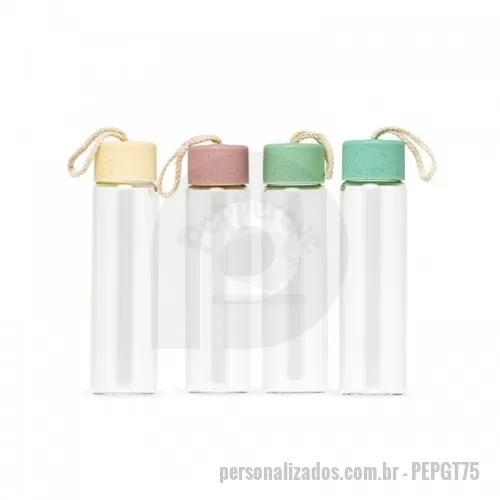 Garrafa personalizada - Garrafa personalizada com capacidade para 330ml produzida em vidro borossilicato. Possui tampa rosqueável em plástico com vedação para evitar o vazamento do líquido e alça de algodão. Ideal para divulgar sua empresa em eventos corporativos, brindes personalizados e campanhas promocionais.