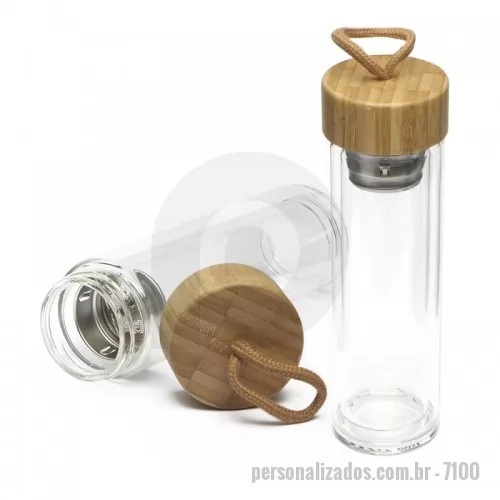 Garrafa personalizada - Garrafa de vidro borossilicato com parede dupla e capacidade de até 360 ml com infusor. Tampa rosqueável em bambu com anel de silicone para vedação e alça tipo corda. Conserva líquido quente por até 2 horas e líquido frio até 3 horas.