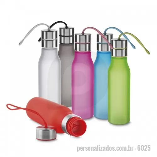 Garrafa personalizada - Garrafa plástica com capacidade de até 570 ml com filtro, alça de silicone e tampa rosqueável em metal, com anel silicone para vedação. Pintura fosca jateada. A técnina que é utilizada para gravação é silk screen com tinta bi-componentes, sendo possivel também gravar em UV DIGITAL preparando a garrafa com promotor de aderência antes de receber a impressão.