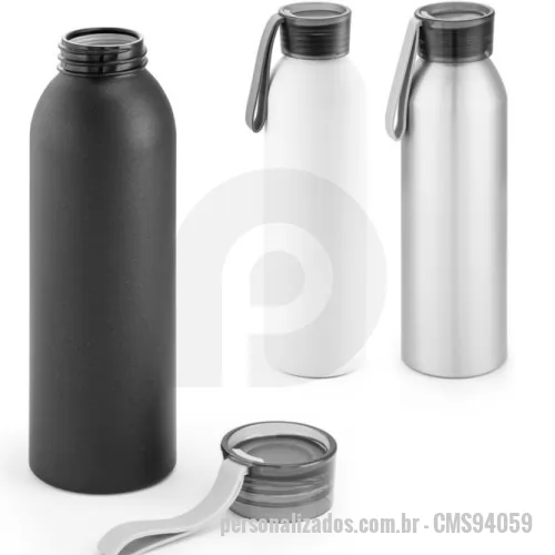 Garrafa personalizada - Squeeze em alumínio com tampa em PP e tira em silicone para facilitar o transporte. Capacidade até 660 mL. Caixa branca 94657 vendida opcionalmente. Certificação EU Food Grade. Ø65 x 228 mm