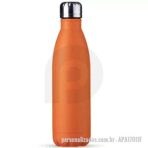 Garrafa personalizada - Garrafa 750ml em inox com tampa rosqueável e pintura fosca. Obs.: Não é um modelo térmico.  Altura :  27,5 cm  Largura :  7,3 cm  Circunferência :  23 cm  Medidas aproximadas para gravação (CxL):  14 cm x 6 cm  Peso aproximado (g):  189