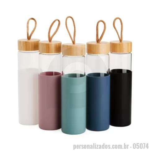 Garrafa personalizada - Garrafa de vidro borossilicato com capacidade de 750ml. Contém tampa de bambu com alça de algodão e luva de silicone.